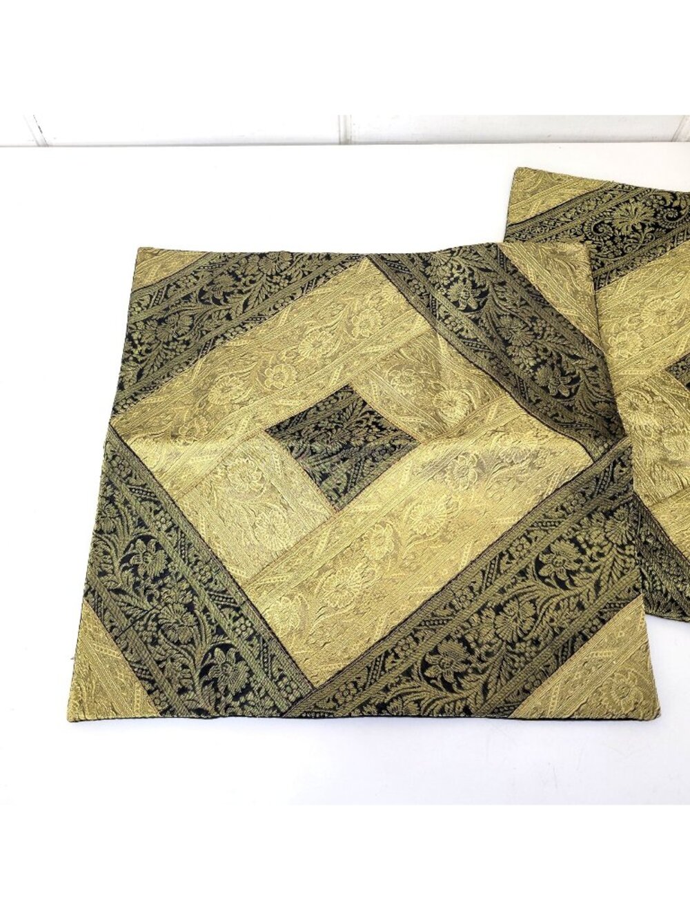 Luxury Gold & Black Brocade Pillow Covers With Floral Pattern - Set Of 2 16"x16"